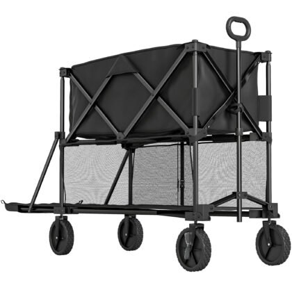 Double Decker Folding Festival Trolley On Wheels, 200KG & 350L Capacity Collapsible Wagon Festival Trolley Cart With 134cm Extended For Camping Sports Shopping Garden And Beach, Black