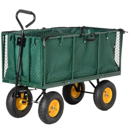 Large 4 Wheel Heavy Duty Garden Cart Truck Trolley Wheelbarrow With Handle And Metal Frame - Green